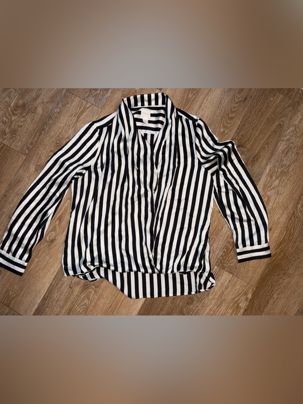 Chico's Black & White Vertical Stripe V-Neck Blouse